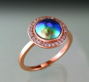 Rosegold Diamond set halo ring with blue-green-pink Paua pearl